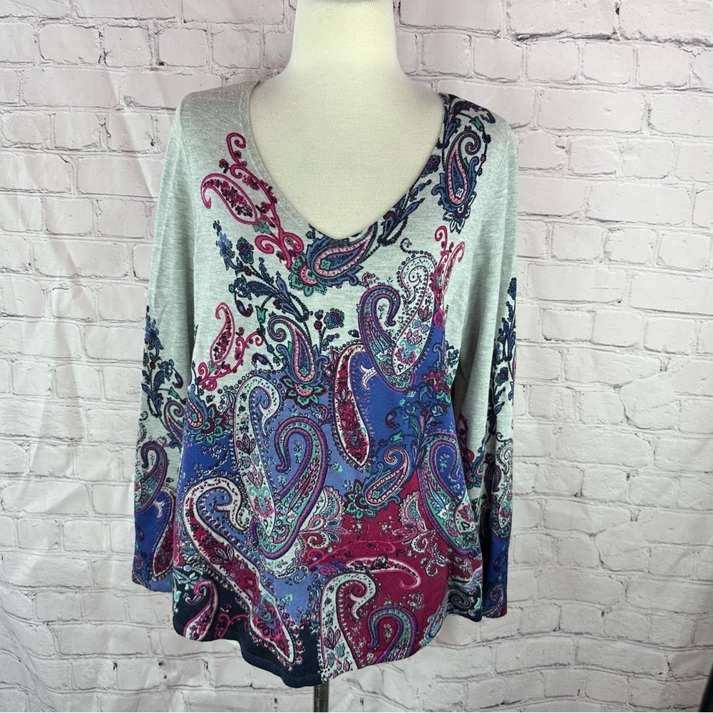 Chico's sz 1 Paisley V-Neck Tunic knit sweater women M jewel tones business cas